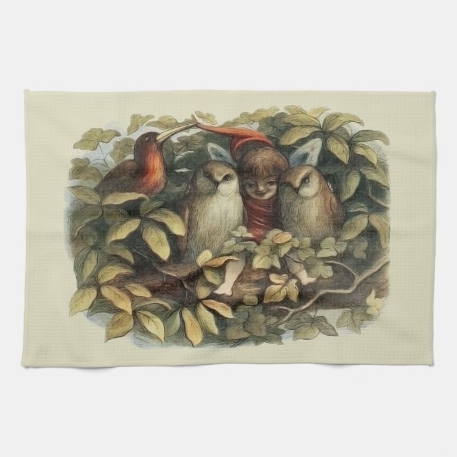 Owls and Elf Fairies Nature Illustration Tea Towel (Horizontal)