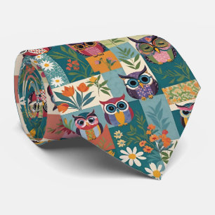 Owls And Flowers Floral Patchwork Colour Block Tie