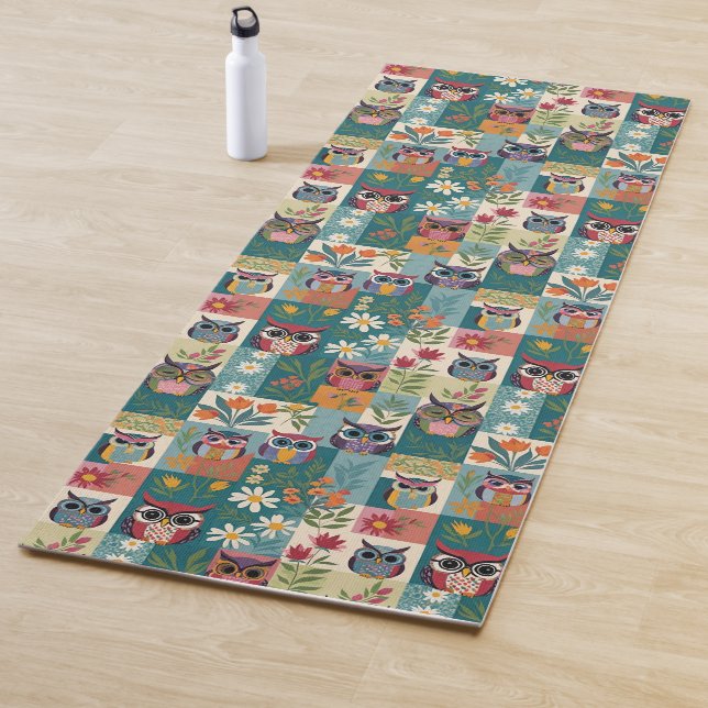 Owls And Flowers Floral Patchwork Colour Block Yoga Mat (In Situ)