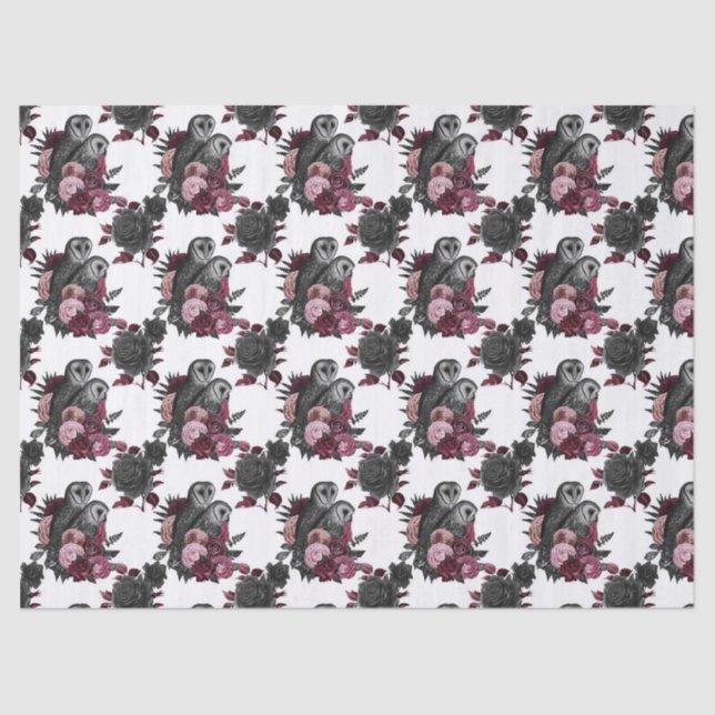 Owls and Flowers on White Decoupage Tissue Paper (Front)