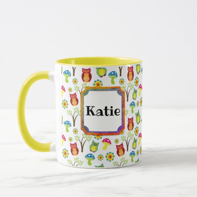 Owls and Mushrooms Cute Retro Name Mug (Left)