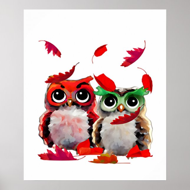 Owls and Red Leaves Poster (Front)