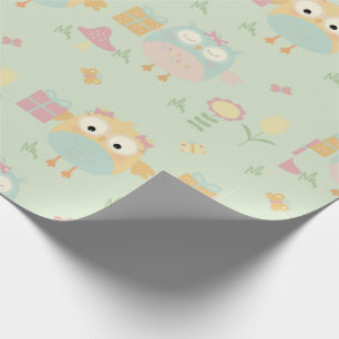 Owls Birthday Presents Green Blue Flowers Simple Wrapping Paper