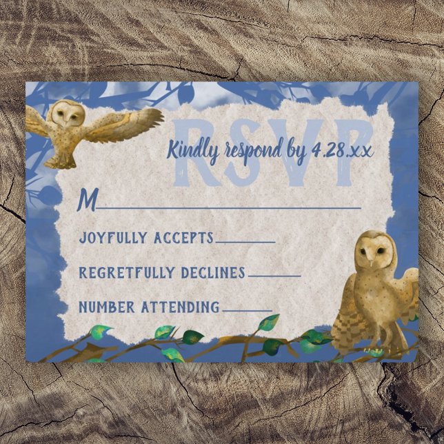 Owls, Blue & Beige Bar Mitzvah RSVP Card (Rustic blue beige brown owl forest bar mitzvah rsvp card, reply card, respond blue rsvp)