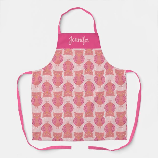 Owls Blush Pink Coral Design Apron (Front)