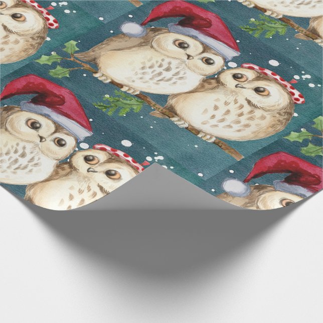 Owls Christmas Eve Cuddling Couple Santa Hat Wrapping Paper (Corner)