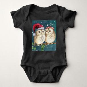 Owls Christmas Eve Night Santa Red Hat Baby Bodysuit
