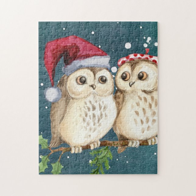 Owls Christmas Eve  Night Santa Red Hat  Jigsaw Puzzle (Vertical)