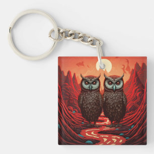 Owls couple on the mountains key ring