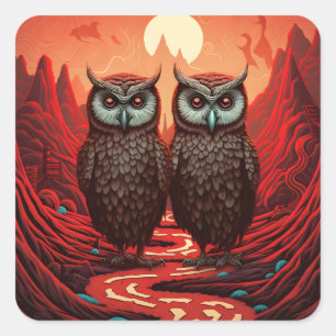 Owls couple on the mountains square sticker