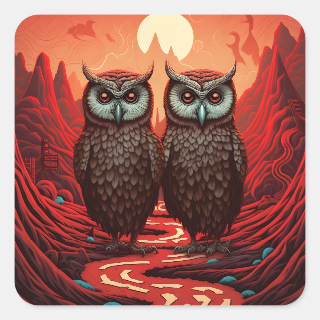 Owls couple on the mountains square sticker (Front)