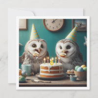 Owls eating cake, funny owl birthday invite