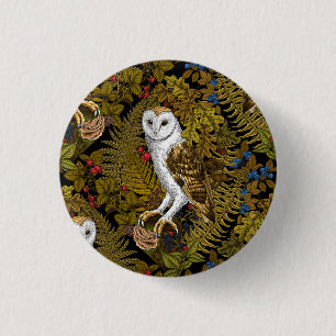 Owls, ferns, oak and berries 2 3 cm round badge