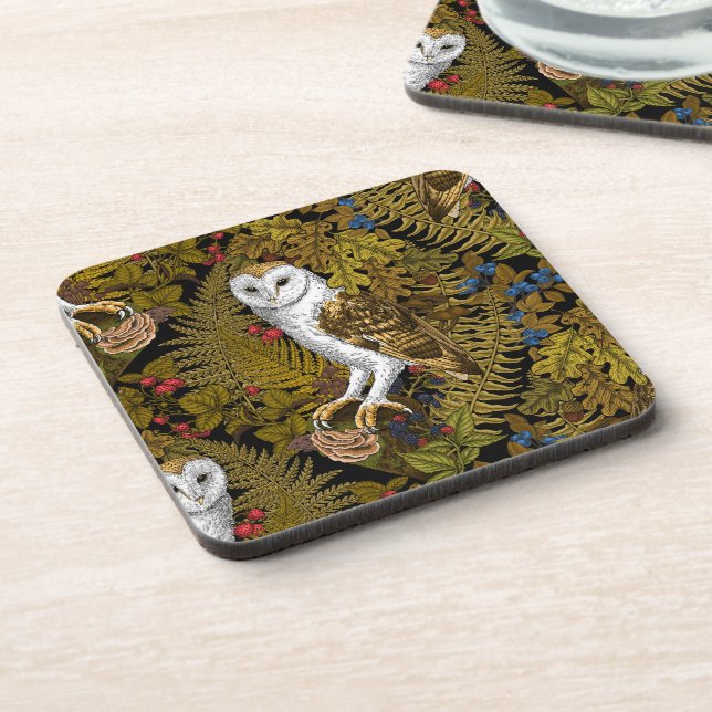 Owls, ferns, oak and berries 2 coaster (Left Side)
