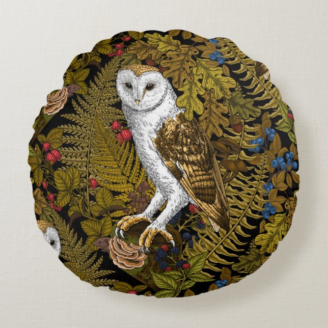 Owls, ferns, oak and berries 2 round cushion (Front)