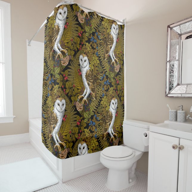 Owls, ferns, oak and berries 2 shower curtain (In Situ)