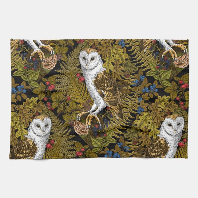 Owls, ferns, oak and berries 2 tea towel (Horizontal)