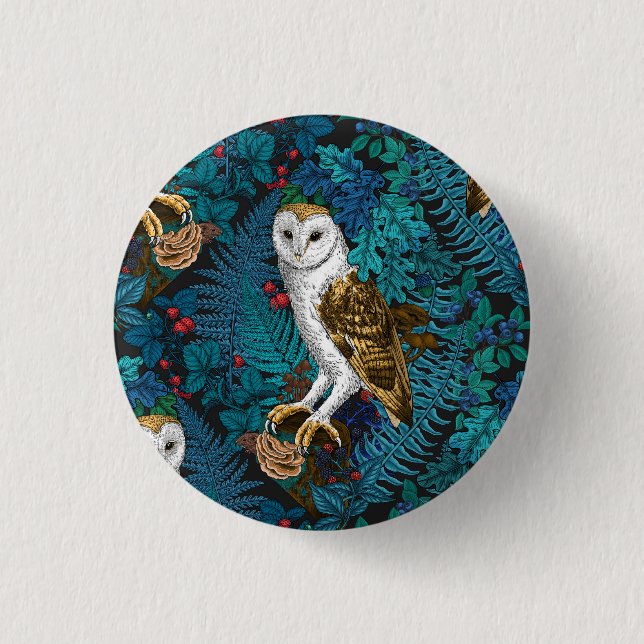 Owls, ferns, oak and berries 3 cm round badge (Front)