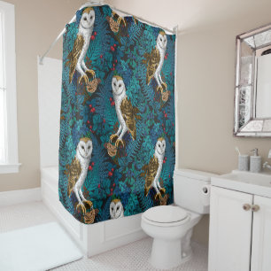 Owls, ferns, oak and berries 3 shower curtain