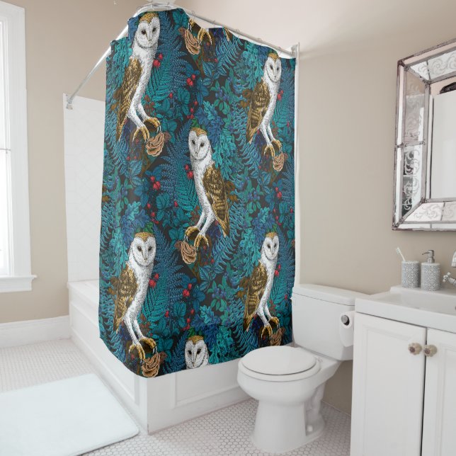 Owls, ferns, oak and berries 3 shower curtain (In Situ)