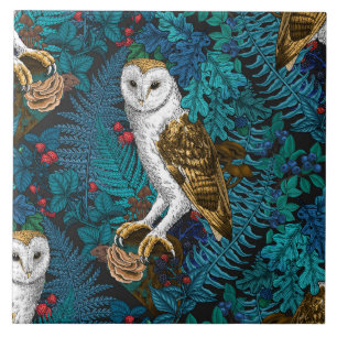 Owls, ferns, oak and berries 3 tile