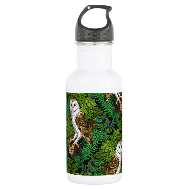 Owls, ferns, oak and berries 532 ml water bottle (Front)