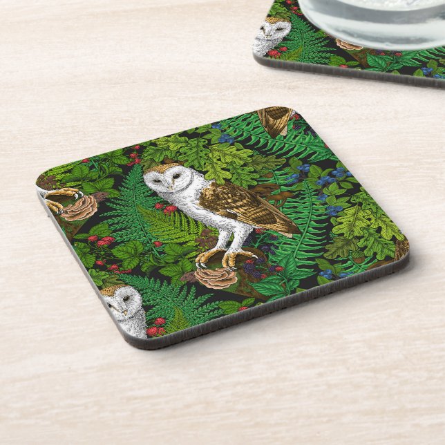 Owls, ferns, oak and berries coaster (Left Side)