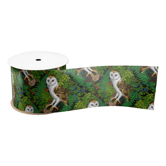 Owls, ferns, oak and berries satin ribbon (Spool)