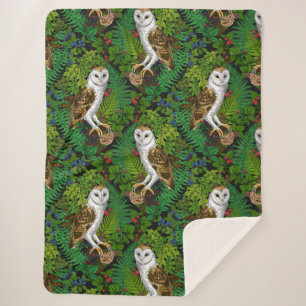 Owls, ferns, oak and berries sherpa blanket