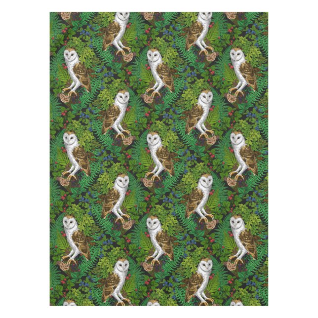 Owls, ferns, oak and berries tablecloth (Front)