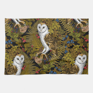 Owls, ferns, oak and berries tea towel