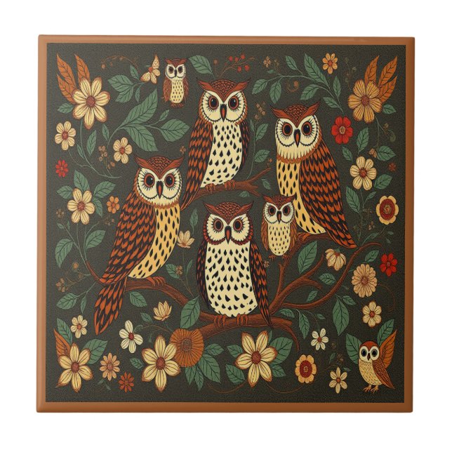 Owls Forest Animals Earthy Tones Rustic Boho  Tile (Front)