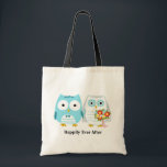 Owls Getting Married - Newlywed Bride and Groom Tote Bag<br><div class="desc">Light blue owl groom wearing a bow tie and fancy ruffled shirt holds hands with his adorable owl bride holding a colourful flower bouquet. This cute owls tote bag can be personalised with the bride and groom’s names or any special sentiment for the newlywed couple. A fun gift for the...</div>