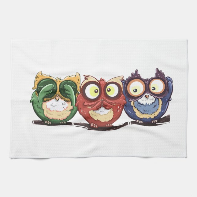Owls Hoot See Speak Hear No Evil Tea Towel (Horizontal)