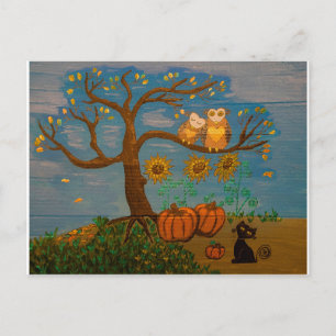 Owls In A Tree, Sunflowers, Pumpkins & Black Cat Postcard