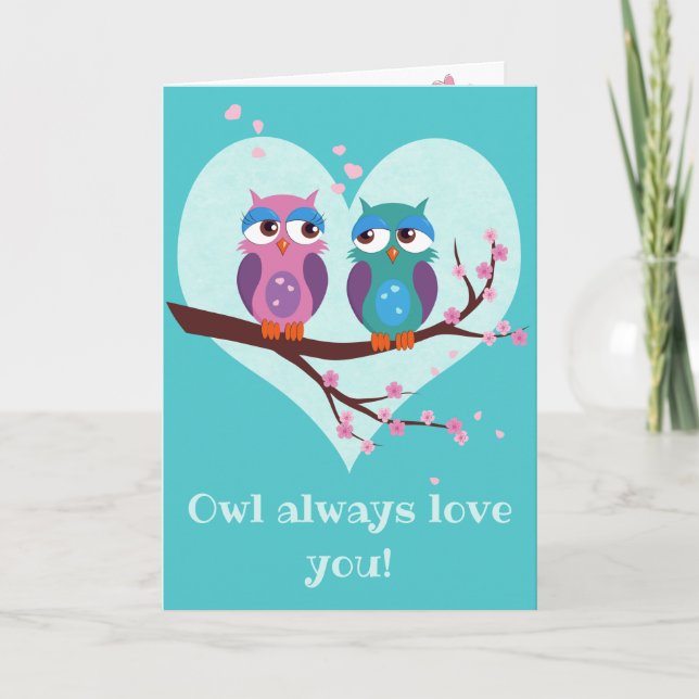 Owls in love Cute cartoon Valentine's day Holiday Card (Front)