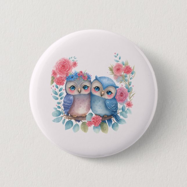 Owls in Love Sitting on a Tree Branch 6 Cm Round Badge (Front)