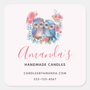 Owls in Love Sitting on a Tree Branch Business Square Sticker