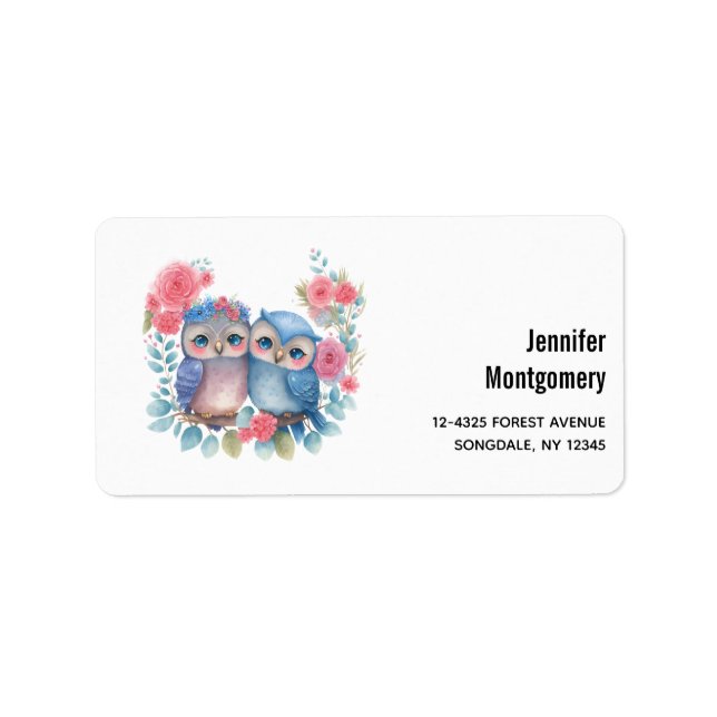 Owls in Love Sitting on a Tree Branch Label (Front)
