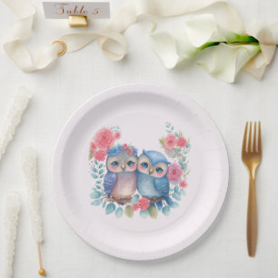 Owls in Love Sitting on a Tree Branch Paper Plate