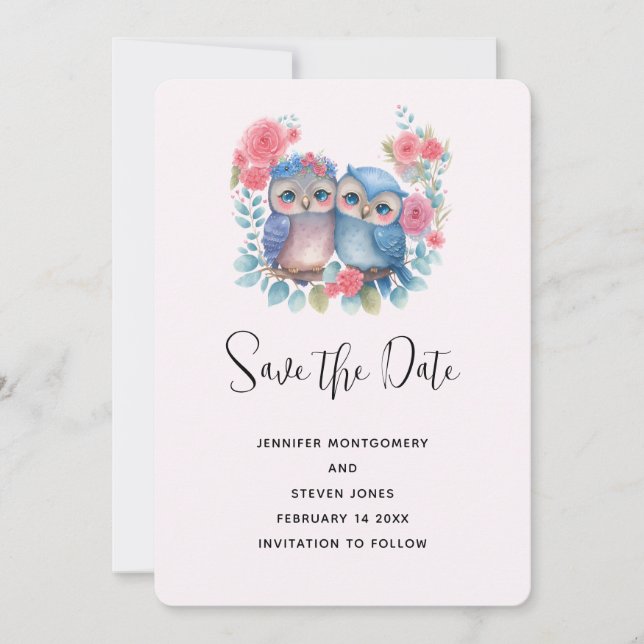 Owls in Love Sitting on a Tree Branch Save The Date (Front)