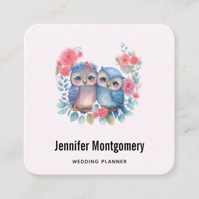 Owls in Love Sitting on a Tree Branch Square Business Card (Front)
