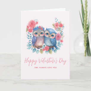Owls in Love Sitting on a Tree Branch Valentine's Card