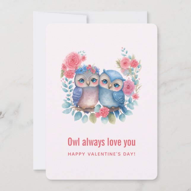 Owls in Love Sitting on a Tree Branch Valentine's Holiday Card (Front)
