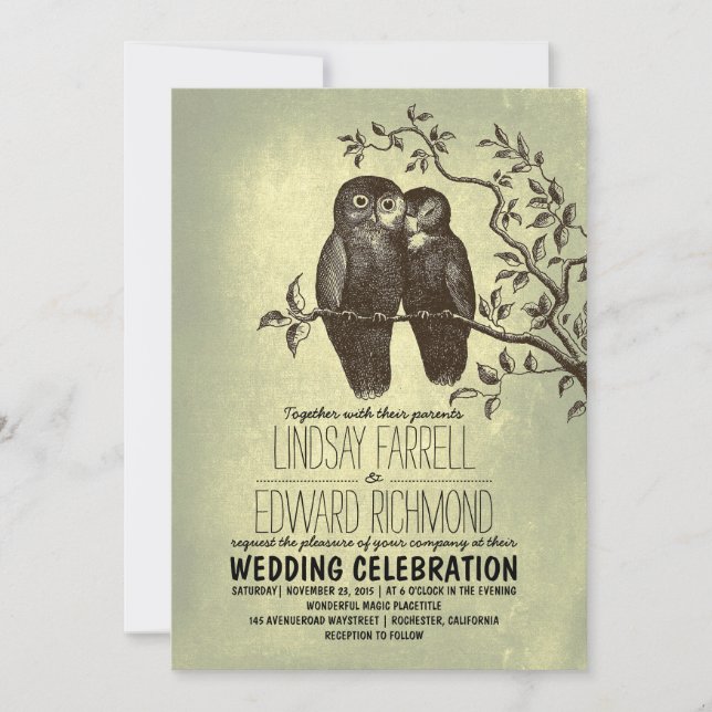 owls in love & tree branch vintage wedding invitation (Front)