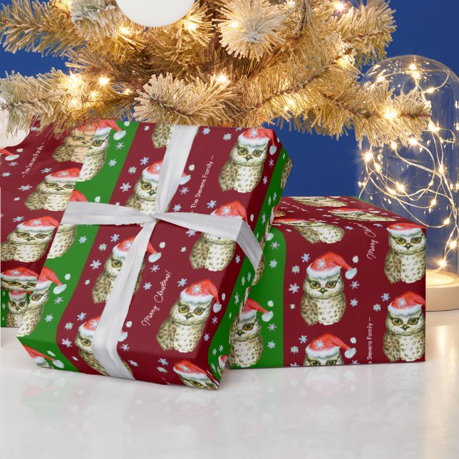 Owls in Santa Hats Christmas Pattern, Red & Green Wrapping Paper (Holidays)