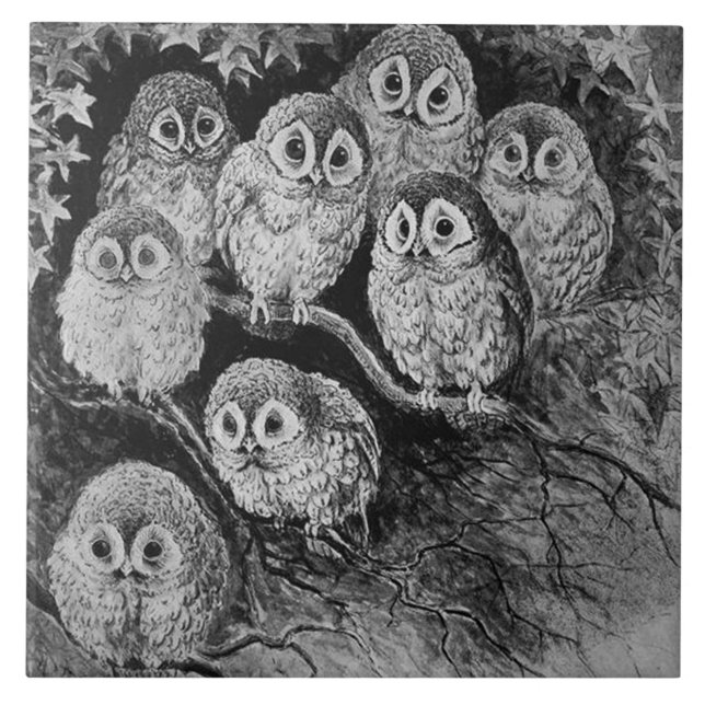Owls in the Forest, Louis Wain Tile (Front)