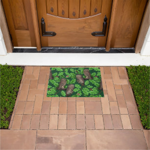 Owls in the forest on dark green doormat