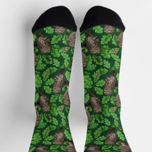 Owls in the forest on dark green socks