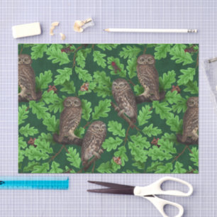Owls in the forest on dark green tissue paper